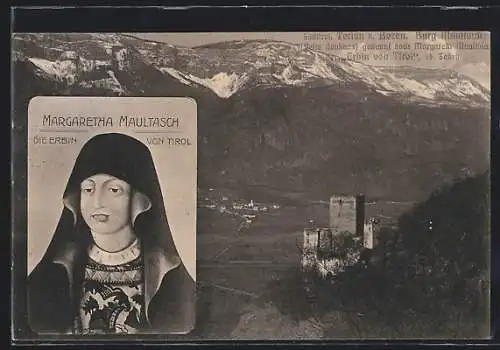 AK Terlan /Bozen, Portrait Margaretha Maultasch, Ortsansicht mit Turm, von oben gesehen