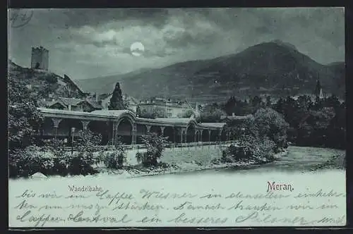 Mondschein-AK Meran, Wandelbahn mit Umgebung, Turm, Gebirge