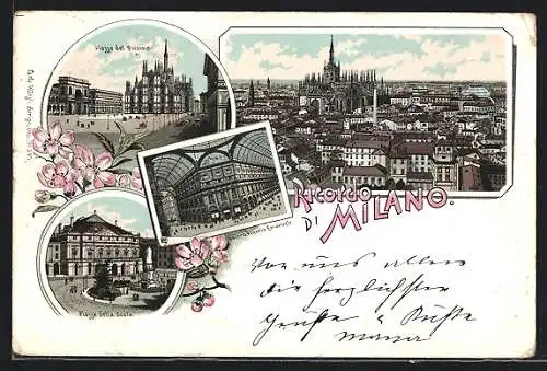 Lithographie Milano, Galleria Vittorio Emanuele, Piazza della Scala, Piazza del Duomo