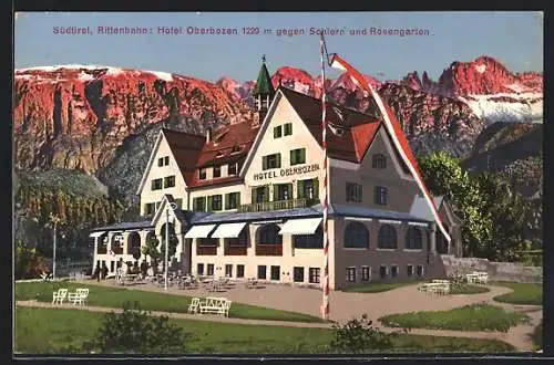 AK Oberbozen, Hotel Oberbozen gegen Schlern und Rosengarten