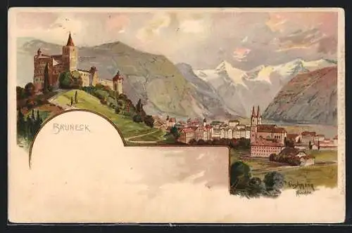 Lithographie Bruneck, Ortsansicht mit Schloss gegen das Gebirge