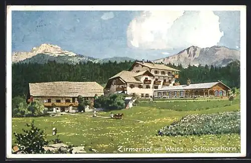 Künstler-AK Radein, Gasthaus Zirmerhof mit Weiss- und Schwarzhorn