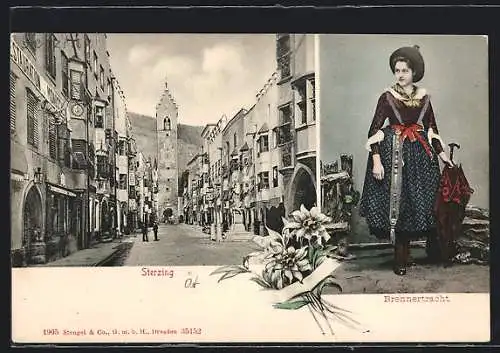 AK Sterzing, Strassenpartie im Ortskern, Mädchen in Brennertracht