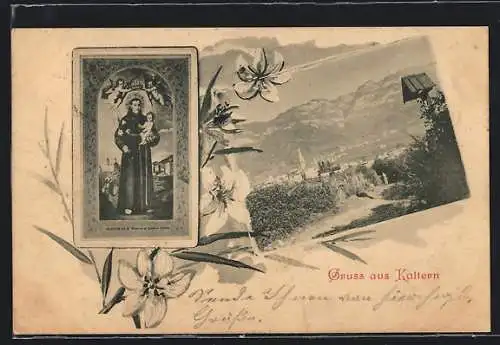 AK Kaltern, Panoramablick auf Ort und Gebirge, Gnadenbild des hl. Antonius