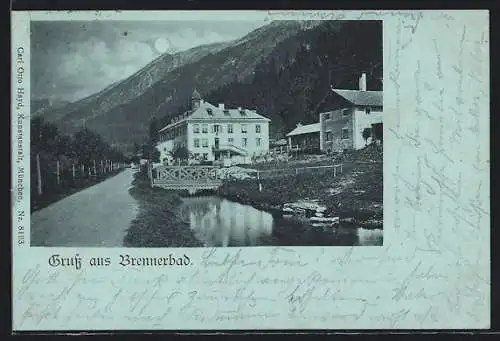 Mondschein-AK Brennerbad, Ortsansicht mit Brücke