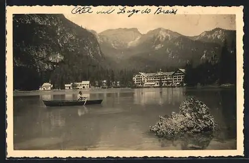 AK Braies, Lago di Braies, Blick auf Hotel am See