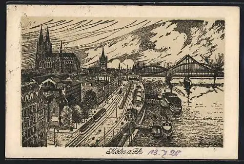 Künstler-AK Köln a. Rh., Stadtansicht mit Dom und Flusspartie