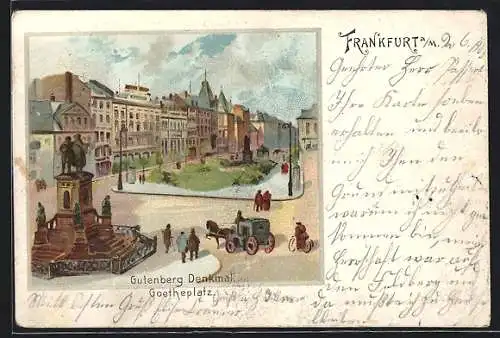Lithographie Frankfurt /Main, Gutenberg Denkmal am Goetheplatz