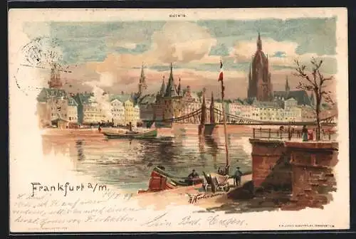 Lithographie Frankfurt a. M., Panorama, Flusspartie mit Dampfer und Brücke