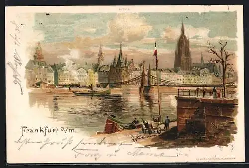 Lithographie Frankfurt a. M., Panorama, Flusspartie mit Dampfer und Brücke