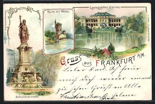 Künstler-AK Frankfurt-Ostend, Ruine mit Weiher, Zoologischer Garten und Schützenbrunnen