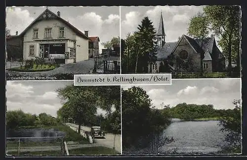 AK Hennstedt b. Kellinghusen, Geschäftshaus Herm. Ehlers, Kirche und Flusspartien