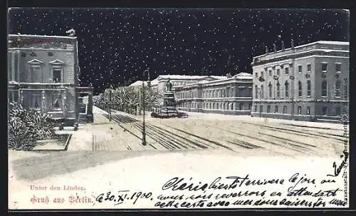 AK Berlin, Unter den Linden im Schnee mit Weihnachtsdekor