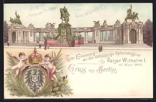 Lithographie Berlin, National-Denkmal - Kaiser Wilhelm I
