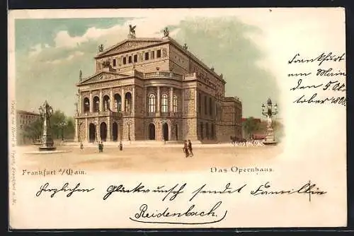 Lithographie Frankfurt a./Main, Das Opernhaus mit Kutsche