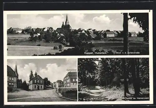 AK Kappel / Hunsrück, Gasthaus Zur Krone, Blick von der Zellerstrasse auf den Ort, Partie im Herrenwald