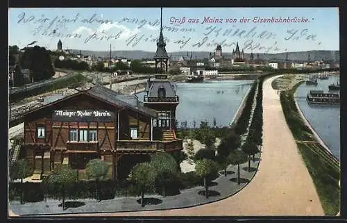 AK Mainz, Eisenbahnbrücke mit Winterhafen