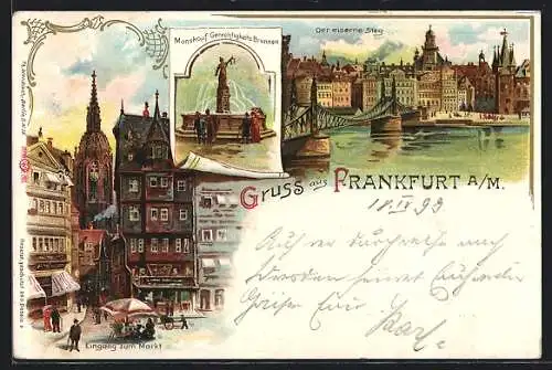 Lithographie Alt-Frankfurt, Manskopf-Gerechtigkeitsbrunnen, der Eiserne Steg, Eingang zum Markt mit Leuten um 1900