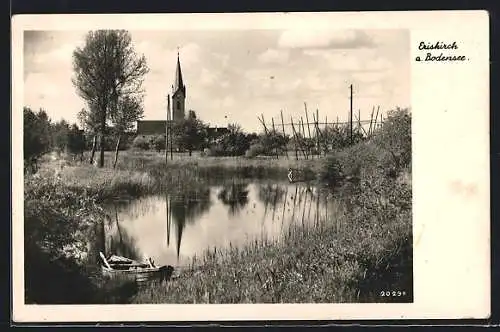 AK Eriskirch /Bodensee, Teich mit Boot und Kirche