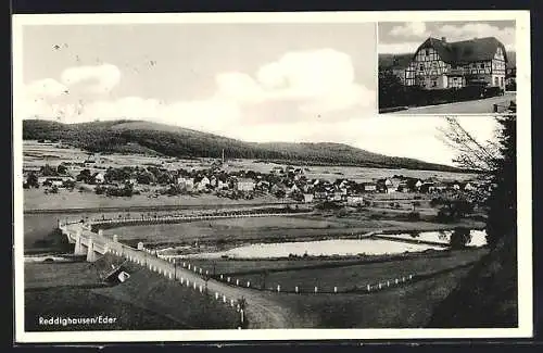 AK Reddighausen, Ortspanorama, Gasthaus und Dampfbäckerei Aug. Schneider