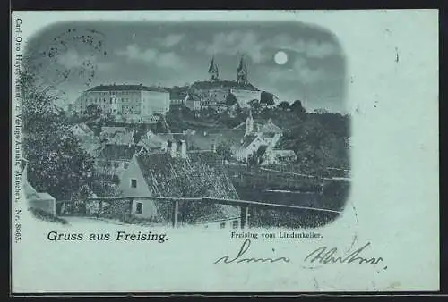 Mondschein-AK Freising, Teilansicht vom Lindenkeller aus gesehen