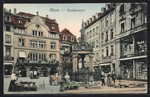 AK Mainz, Marktbrunnen mit Geschäften