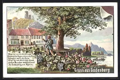 AK Godesberg, Ortsansicht mit Wanderer und Baum