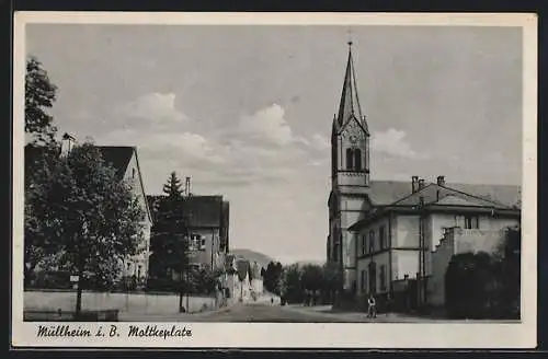 AK Müllheim /Baden, Moltkeplatz mit Kirche