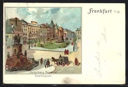 Lithographie Frankfurt /Main, Gutenberg Denkmal am Goetheplatz