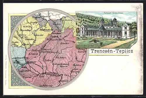 Lithographie Trencsén-Teplicz, Curhaus, Landkarte der Region um den Ort