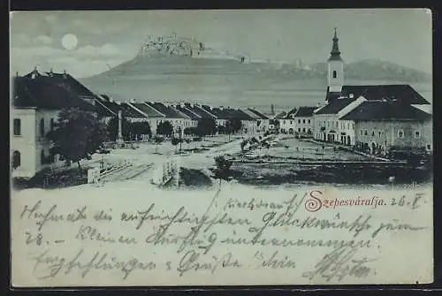 Mondschein-AK Szepesváralja, Blick vom Hauptplatz auf eine Festung