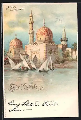 Lithographie Ägypten, Moschee vom Nil aus geseheh