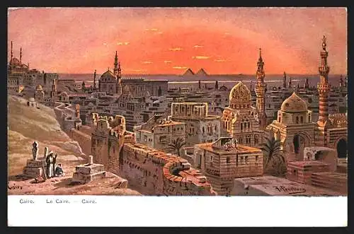 Künstler-AK F.Perlberg: Cairo, Panorama des Ortes, Pyramiden im Hintergrund