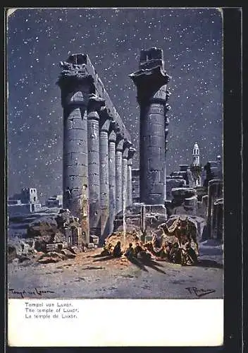 Künstler-AK Friedrich Perlberg: Ägyptische Tempelruinen unter sternklarem Himmel
