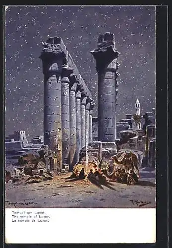 Künstler-AK Friedrich Perlberg: Kamelreiter in sternklarer Nacht an Tempelruine