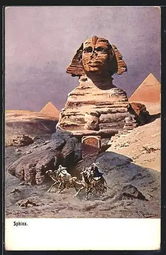 Künstler-AK F.Perlberg: Gizeh, Beduinen auf Kamelen vor der Sphinx