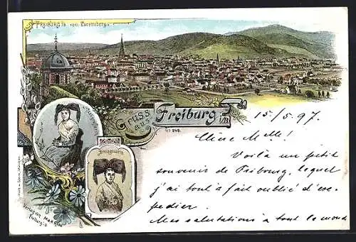 Lithographie Freiburg / Breisgau, Freiburg vom Lorettoberg mit Markgräflerin und Freibauering