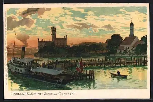 Lithographie Langenargen, Schloss Montfort mit Bootspartie