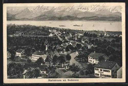Künstler-AK Mariabrunn am Bodensee, Ortsansicht mit See und Bergen