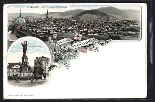 Lithographie Freiburg / Breisgau, Stadtansicht vom Lorettoberg und Siegesdenkmal