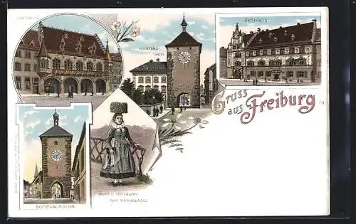 Lithographie Freiburg / Breisgau, Martinstor, Kaufhaus, Rathaus