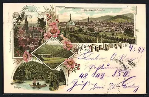 Lithographie Freiburg i. B., Ansicht von der Loretto Kapelle, Münster, Güntersthal und Waldsee