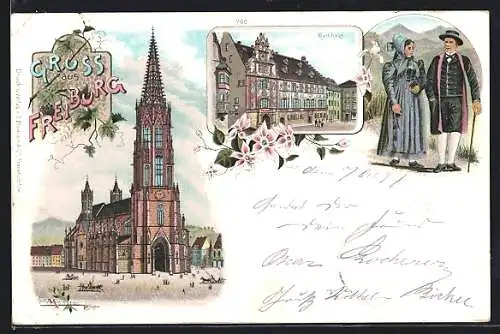 Lithographie Freiburg / Breisgau, Rathaus, Münster, Freiburger in Trachten