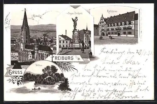 Lithographie Freiburg i. B., Münster, Sieges-Denkmal, Rathhaus