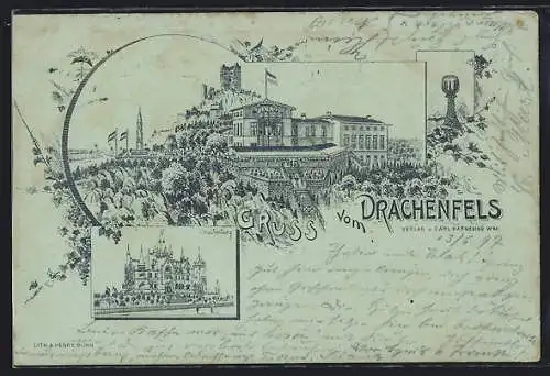 Mondschein-Lithographie Drachenfels, Drachenburg und Hotel auf dem Drachenfels