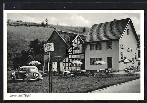 AK Simonskall /Eifel, Café-Restaurant Josef Piek mit Parkplatz