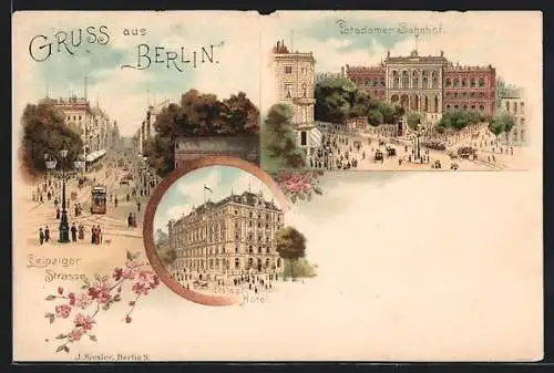 Lithographie Berlin-Tiergarten, Potsdamer Bahnhof, Leipziger Strasse, Grand Hotel Bellevue, Rosafarbene Blumen, um 1900
