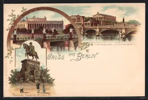 Lithographie Berlin, Museum und die Schlossbrücke, Friedrichsbrücke und Nationalgalerie