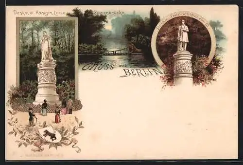 Lithographie Berlin-Tiergarten, Löwenbrücke, Denkmal der Königin Luise, Denkmal Friedrich Wilhelm III.