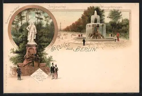 Lithographie Berlin-Tiergarten, Wrangelbrunnen und Siegesallee, Lessing-Denkmal